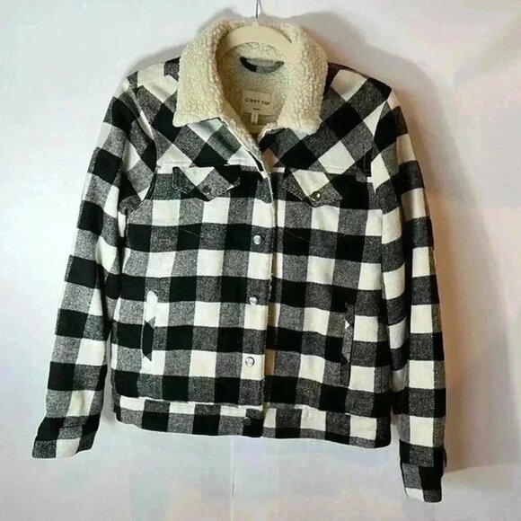 C'EST TOI BUFFALO CHECK PLAID BLACK‎ WHITE JACKET WITH SHERPA LINING SIZE MEDIUM - Picture 1 of 8